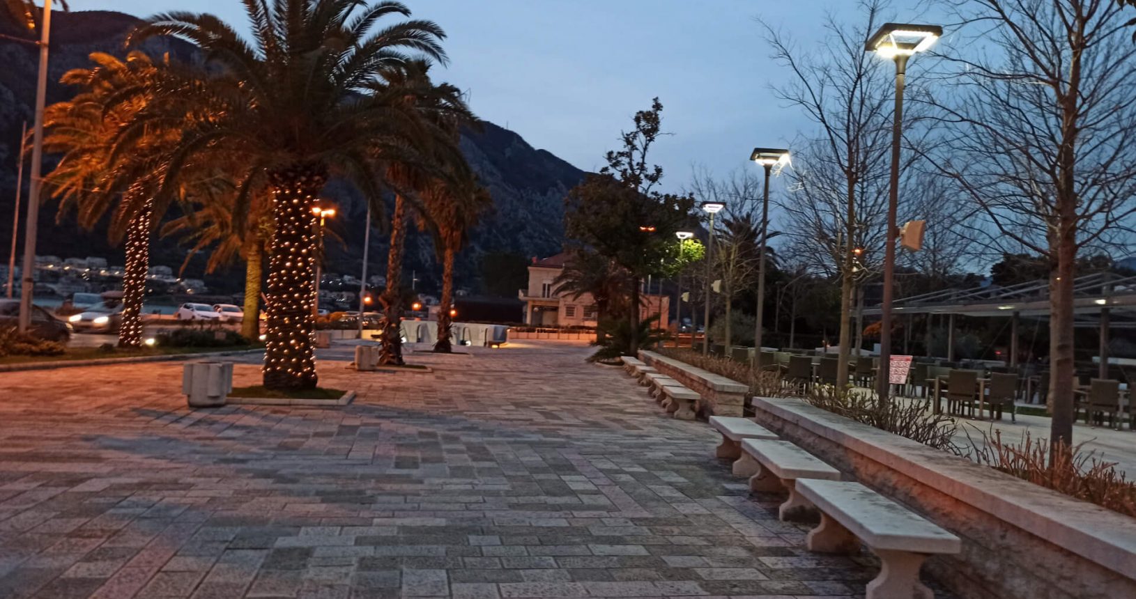 Night street with lights in Kotor