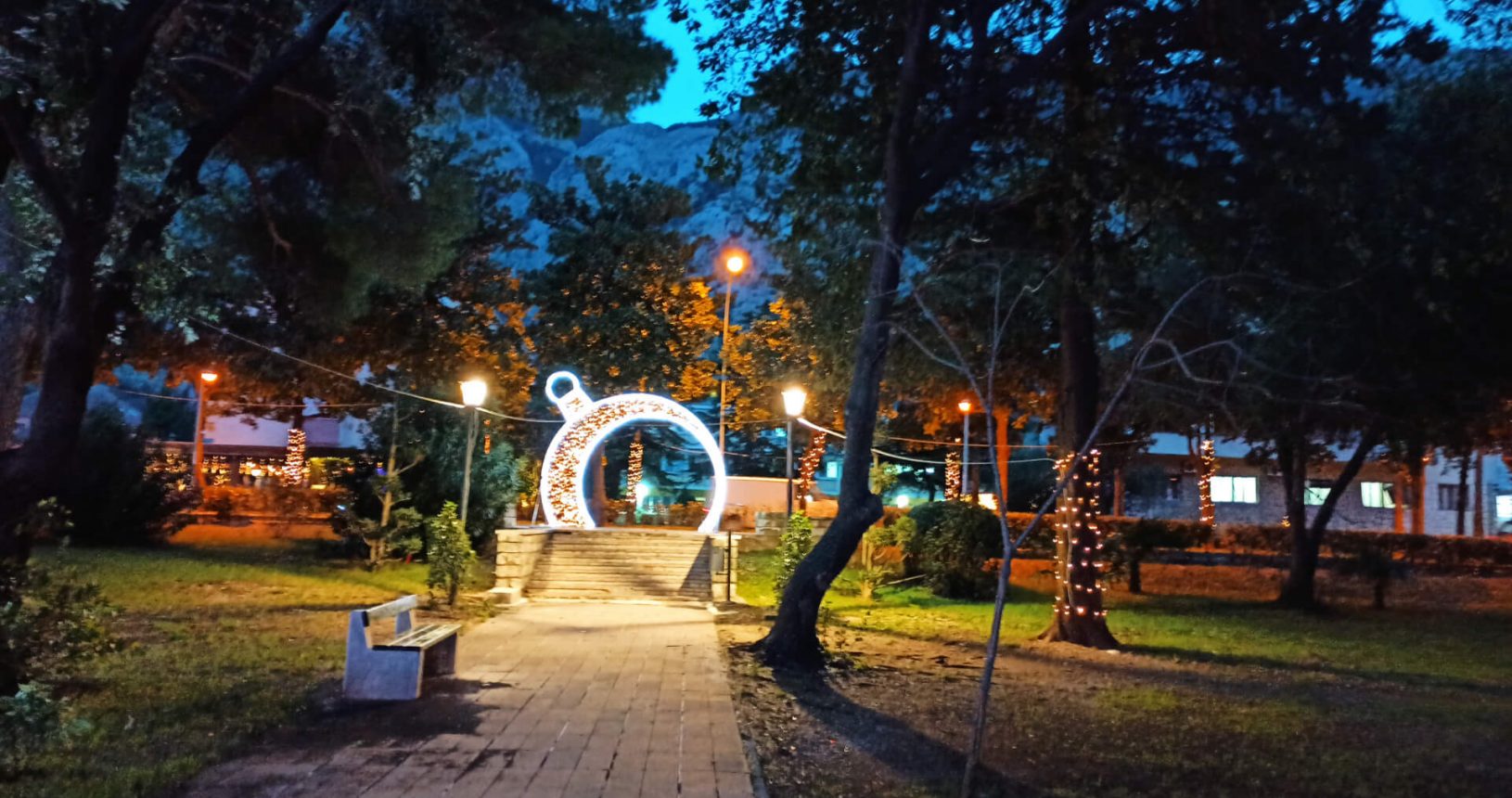 Winter decorated park lights in Kotor