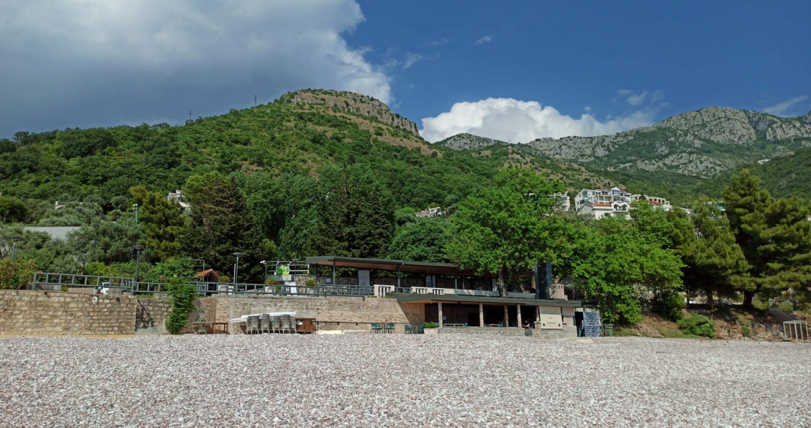 Sveti Stefan Beach. The view to the mountains