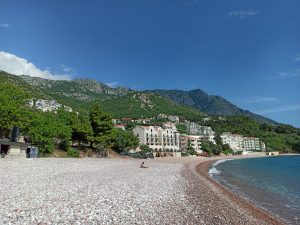 Sveti Stefan beach at sunny day