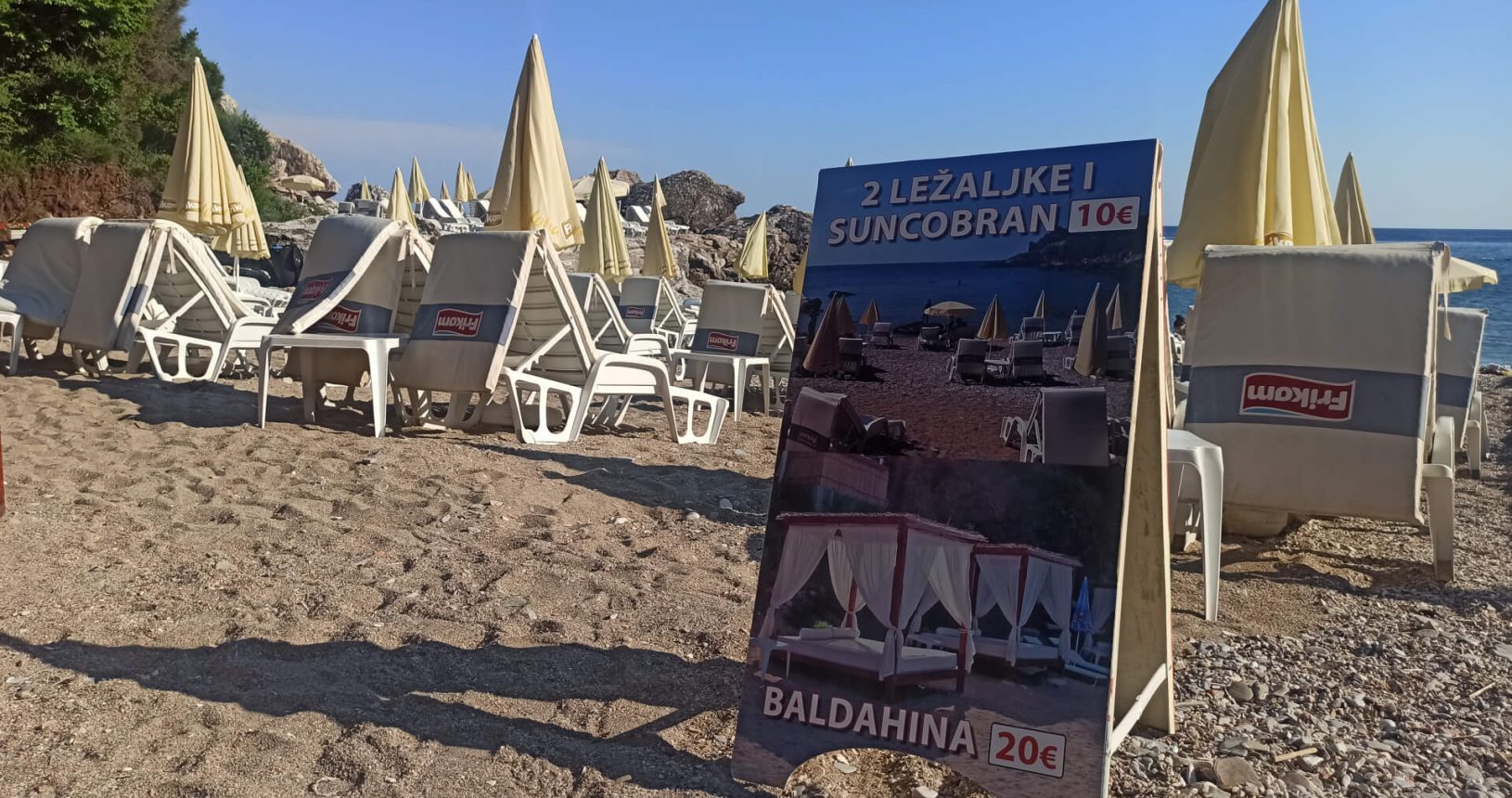 2 sunbeds and an umbrella for 10 euro Strbina Beach