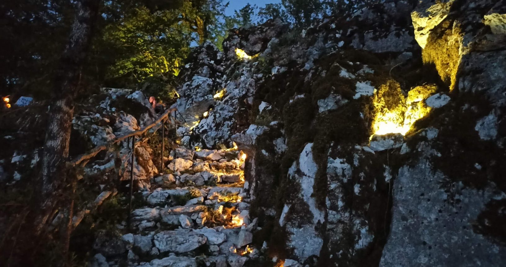 Natural stony stairs highlighted with lights lightland park