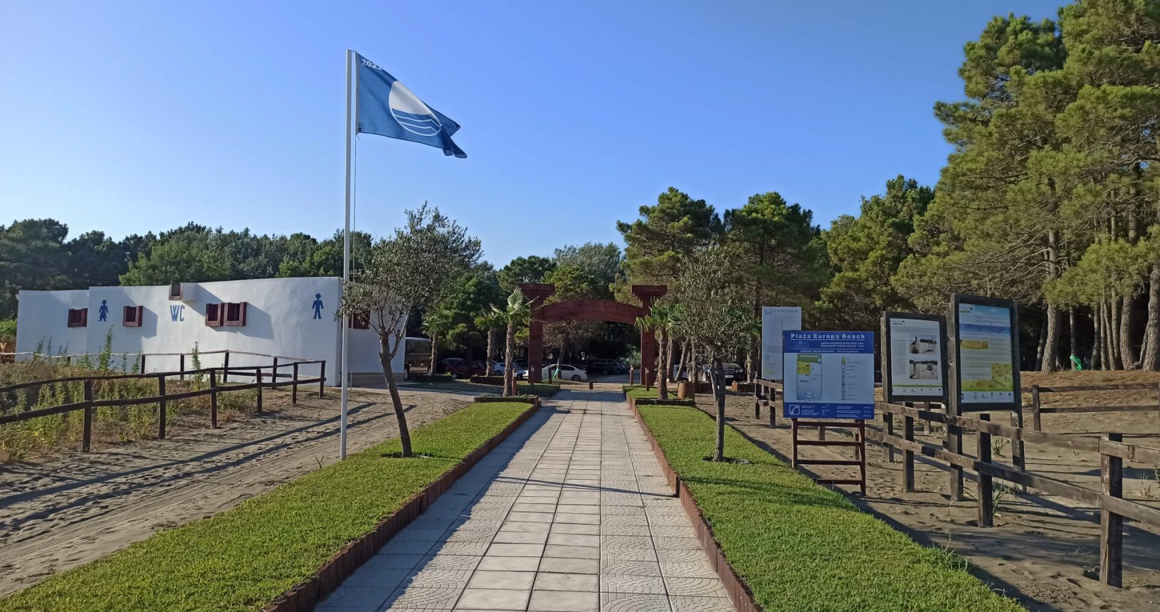 Toilets and blue flag at Europa Beach